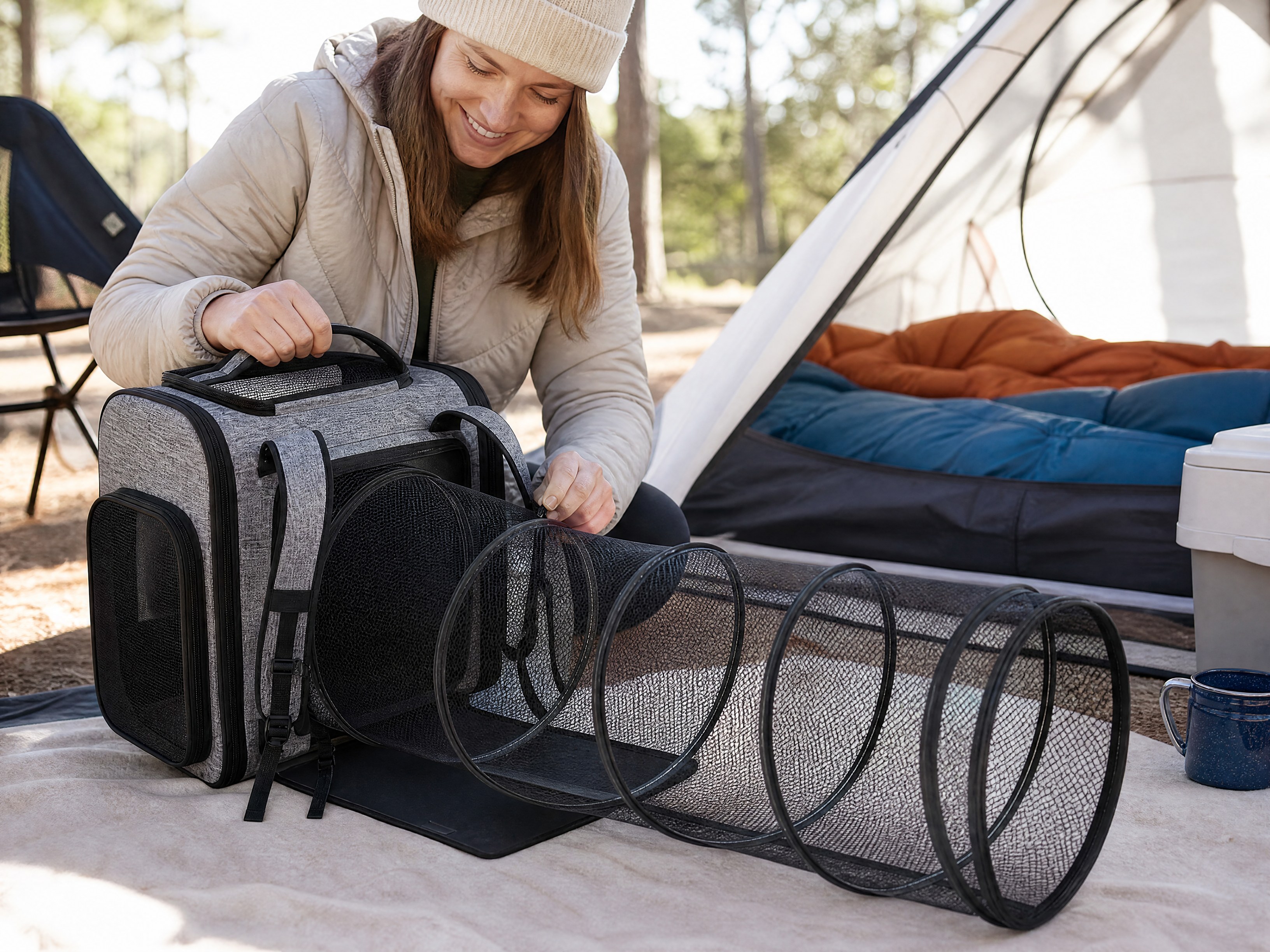 One zipper joins pack and tunnel