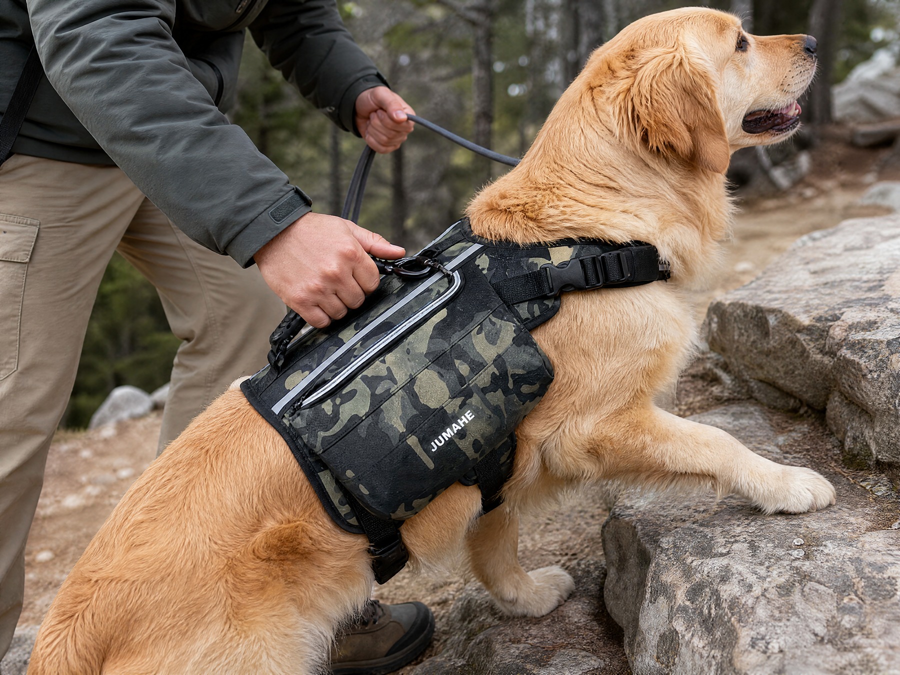 The leash clips to the spine, and the handle is right there