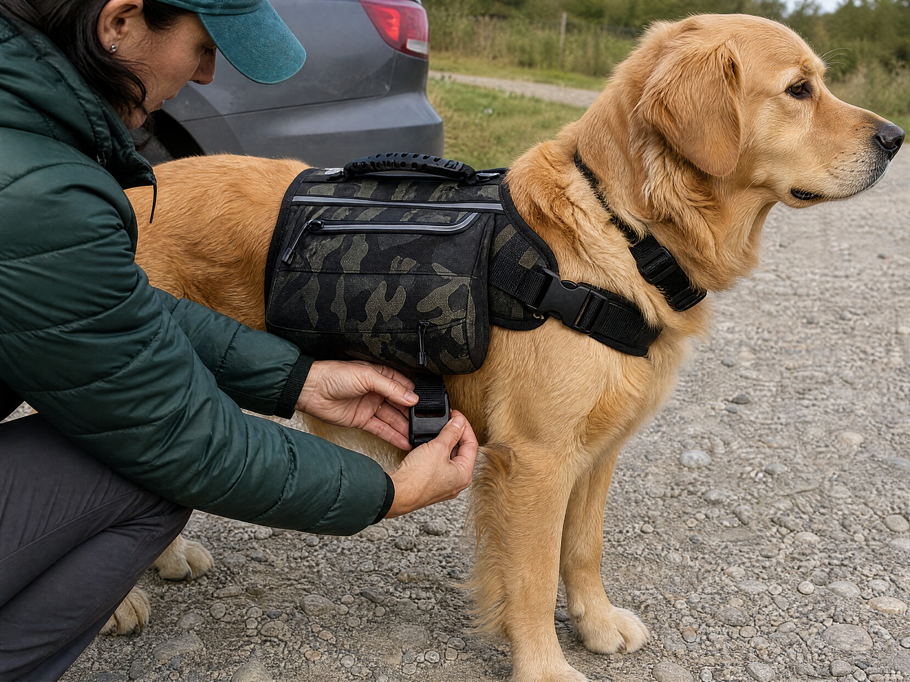 Buckle it behind the front legs and it stays where you set it