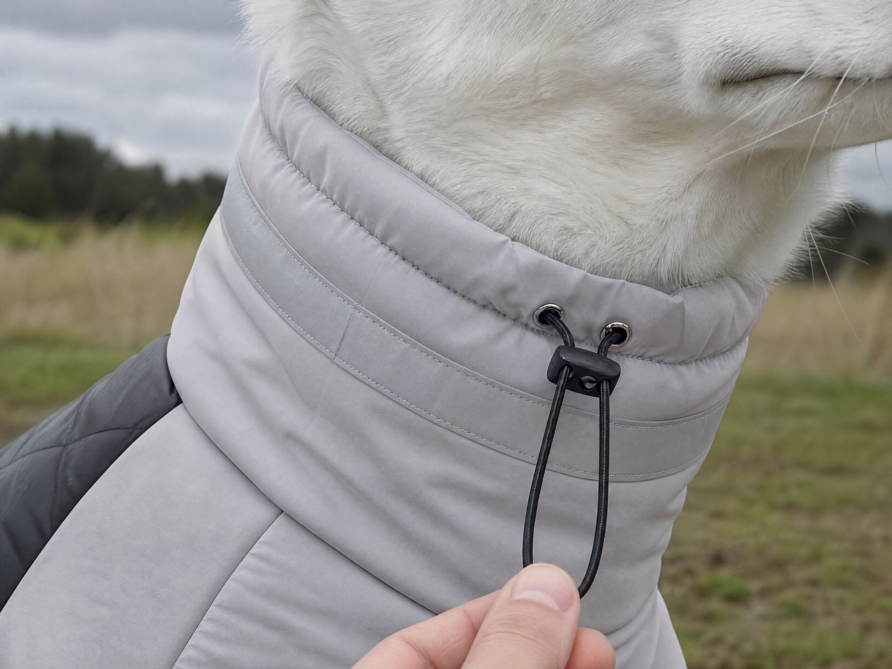 The collar closes down to the neck