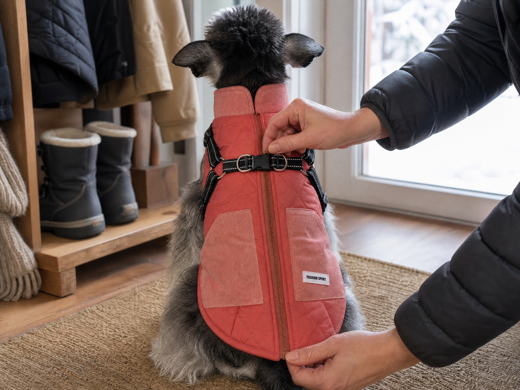 A hand drawing the zip up the back of a coral dog coat in a hallway before a winter walk.