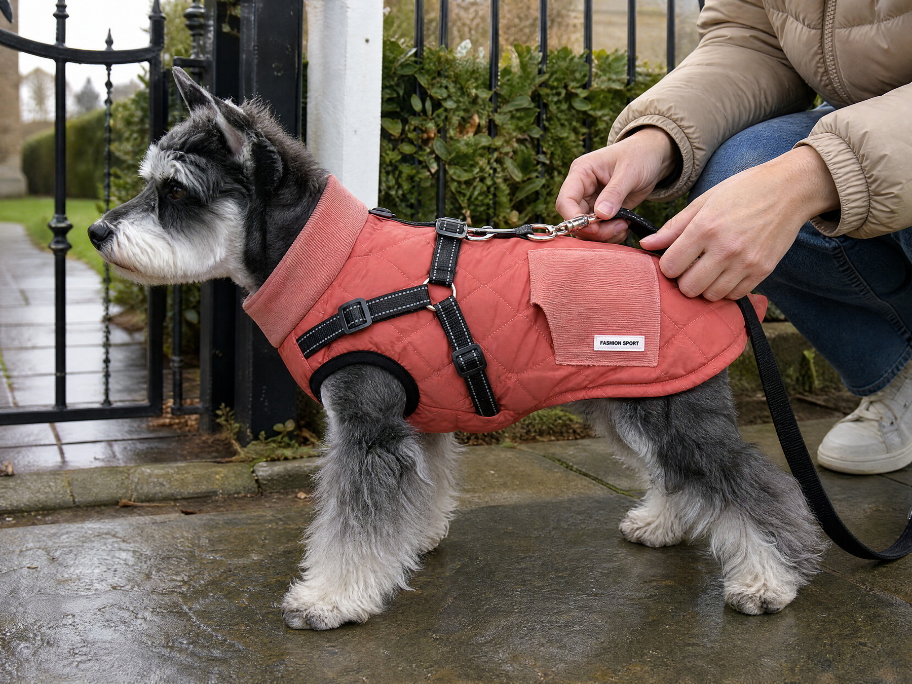 An owner crouched at a garden gate clipping a leash to the metal ring on a small dog's coat.