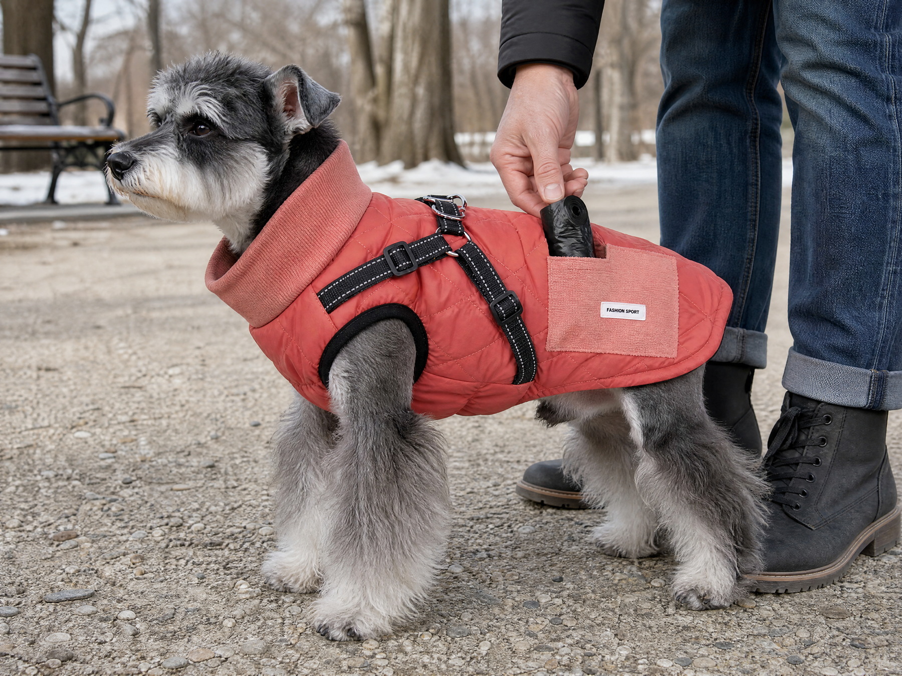 On a park path, a hand puts a roll of waste bags into the corduroy pocket on a dog's coat.