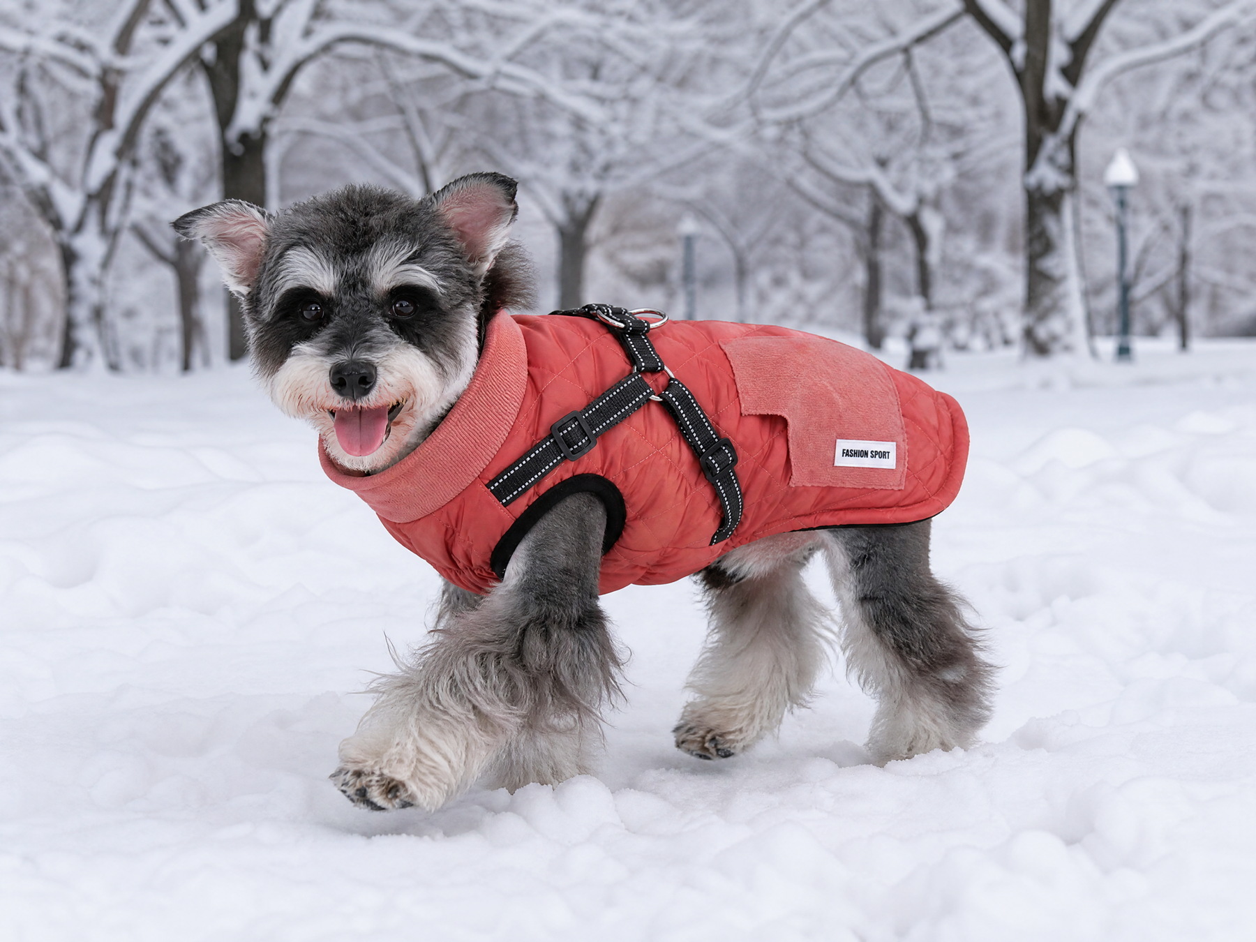 A schnauzer walking through fresh snow in a coral padded coat, hind legs bare.