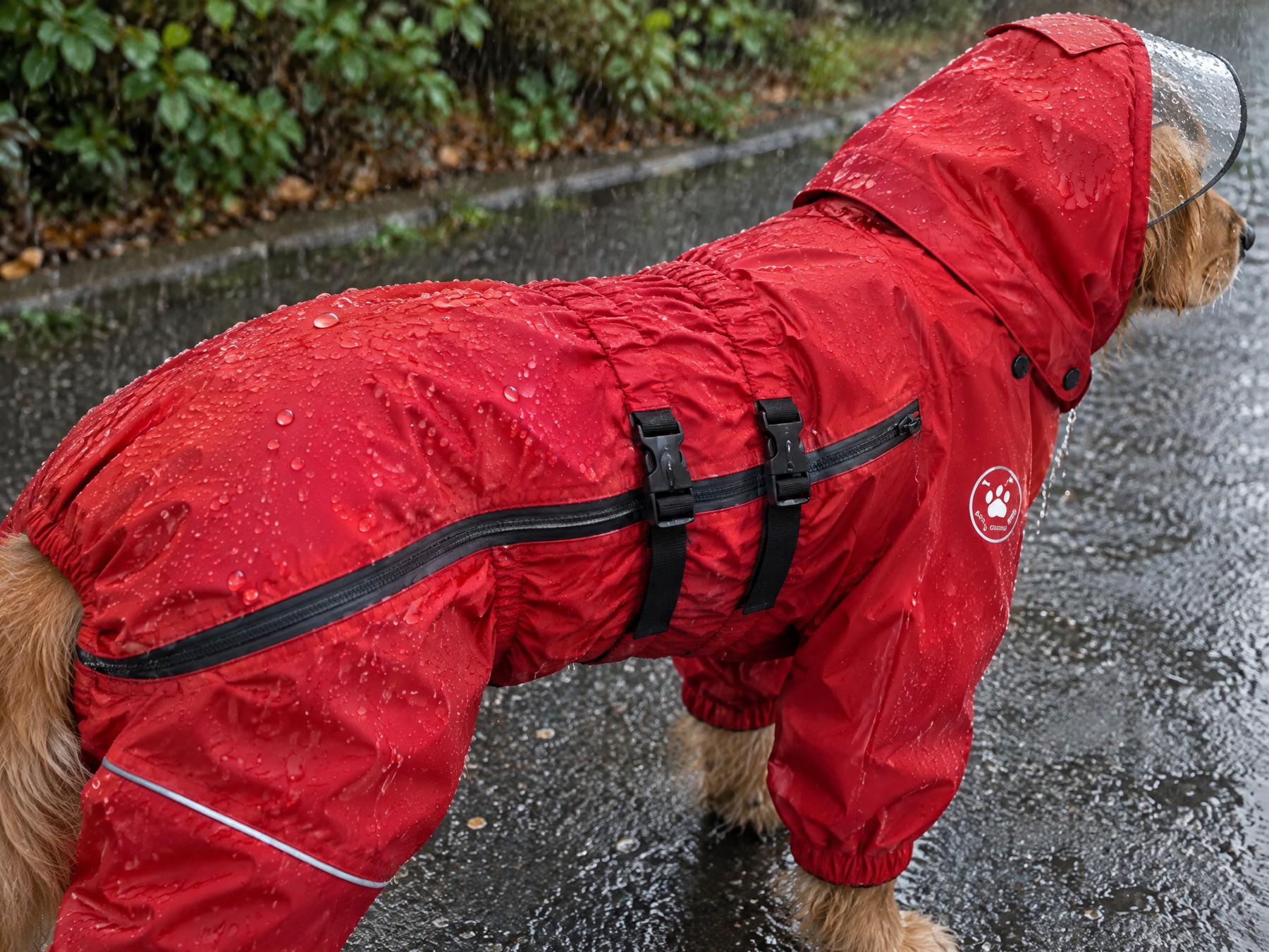 Rain beading and rolling off the red shell, the panel seams lying flat and stitch-free.