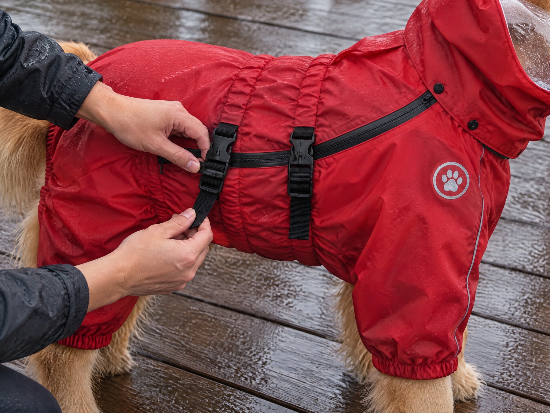 Two hands adjusting a side-release buckle on the flank of the red rain suit, the dog standing on wet decking.