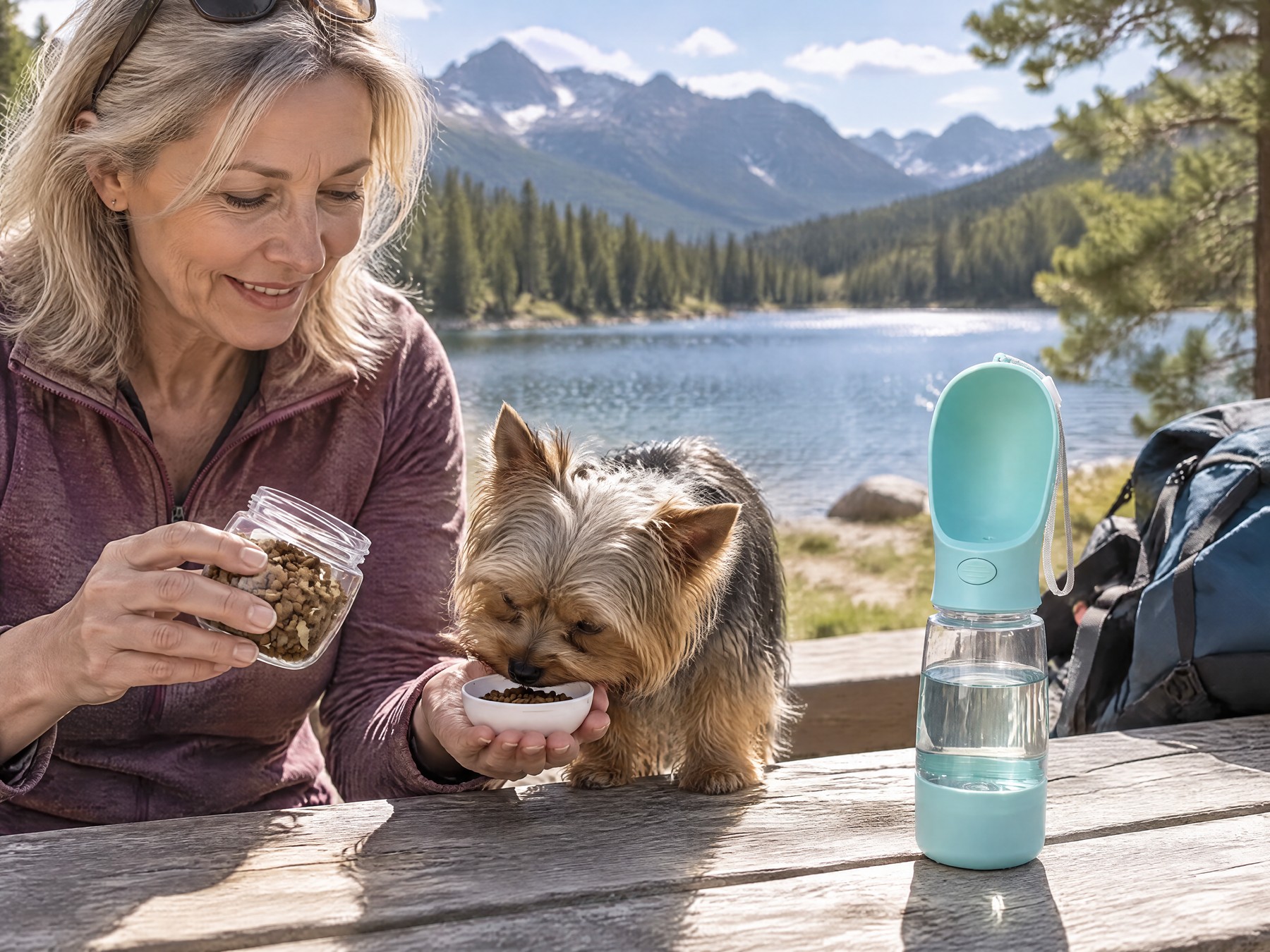 Woman at a lakeside picnic table feeding her Yorkie kibble from the bottle's white cap, bottle beside her