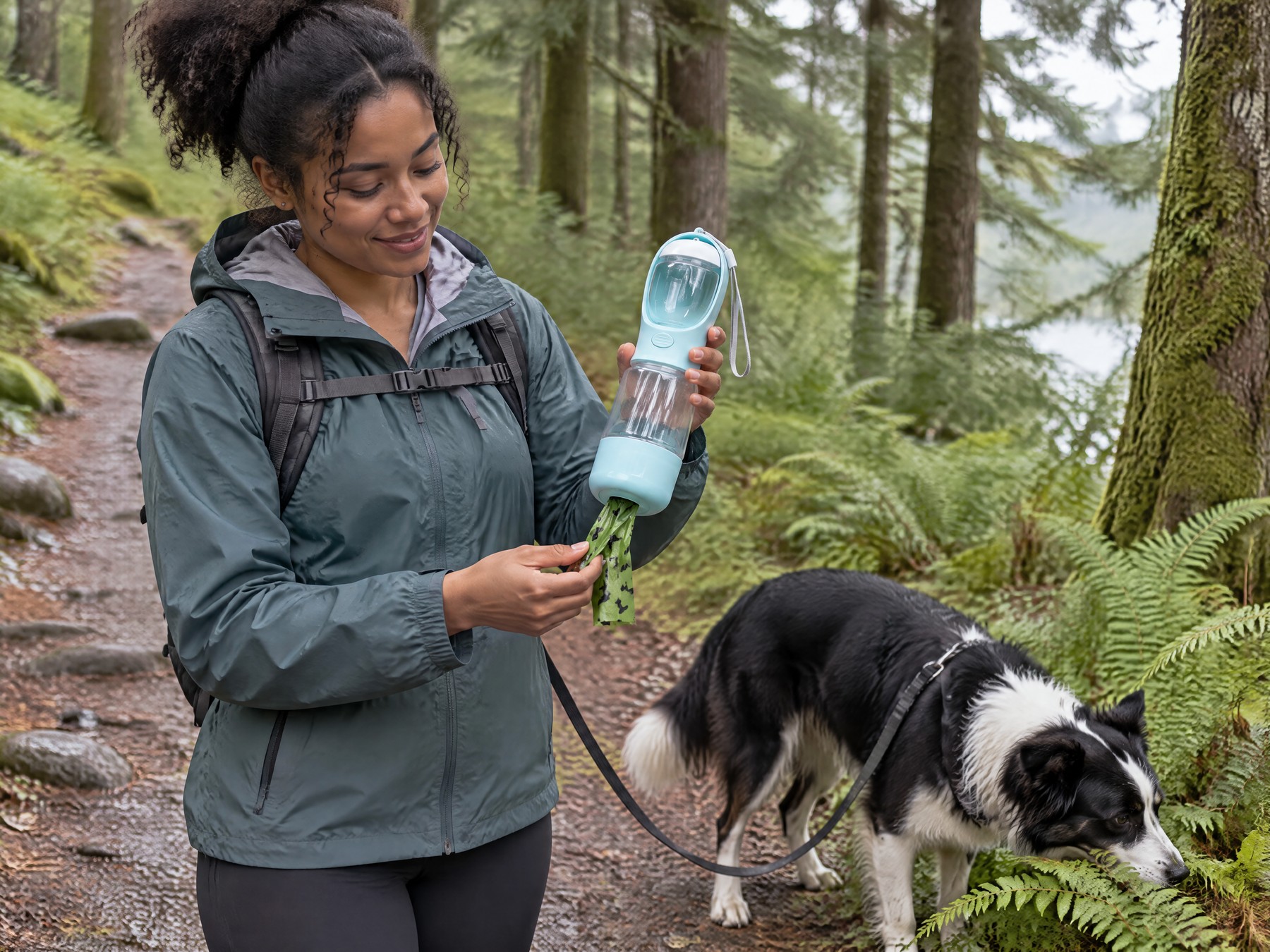 Woman on a forest trail pulling a green bag from the bottle's base while her border collie mix sniffs ferns