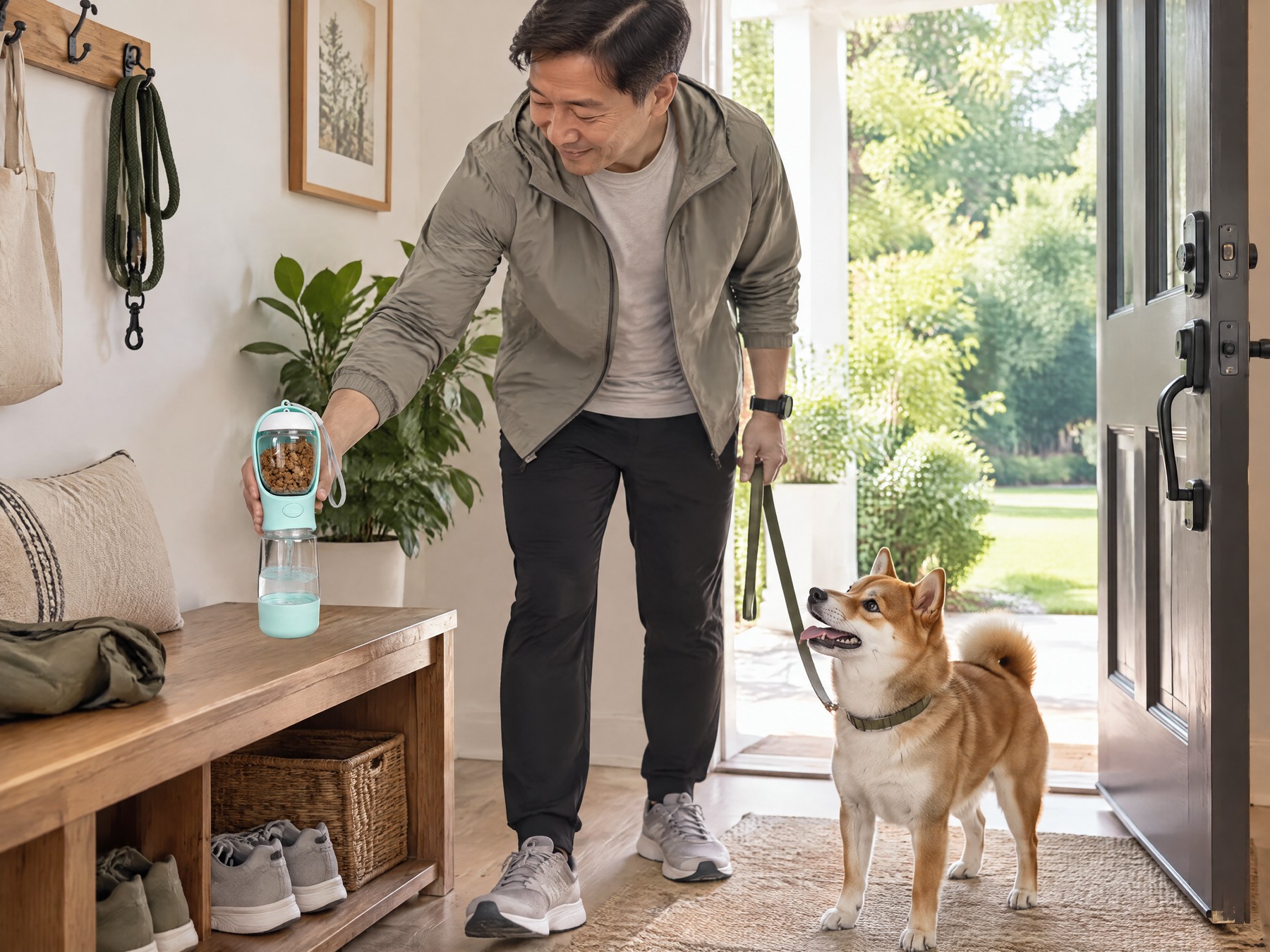 Man picking up the packed bottle in a bright entryway as his Shiba Inu waits on leash by the open door