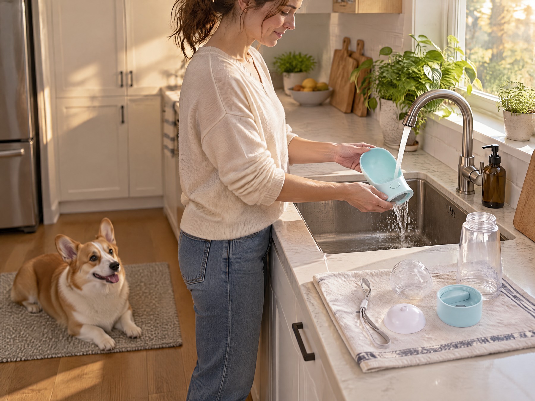 Woman rinsing the aqua scoop at the kitchen sink, other bottle parts drying on a towel, corgi resting nearby
