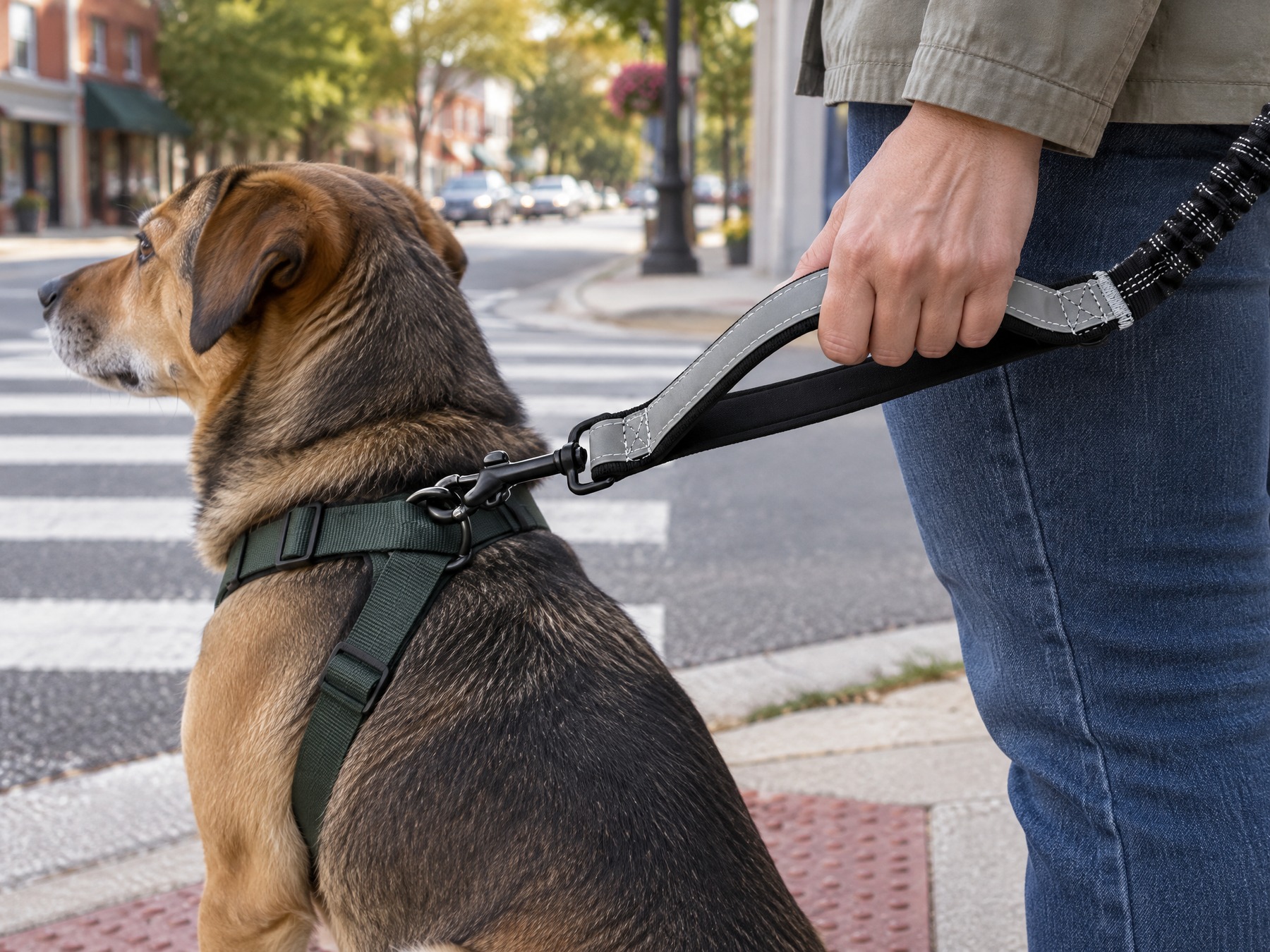 Hand gripping the padded leash handle above the snap hook on a sitting dog's harness at a crosswalk