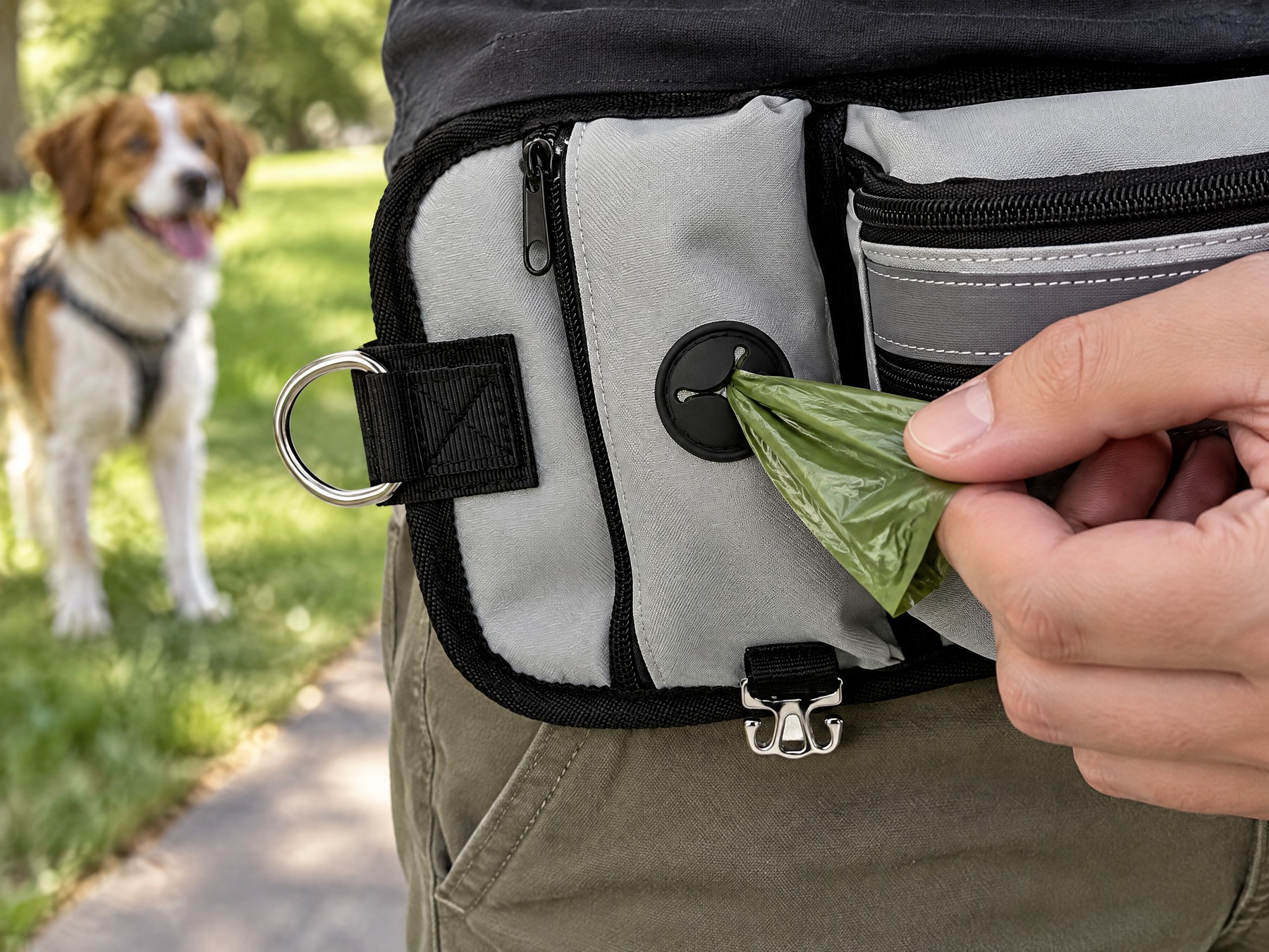 Fingers pulling a green waste bag from the round port on a grey waist bag, dog waiting on the grass behind