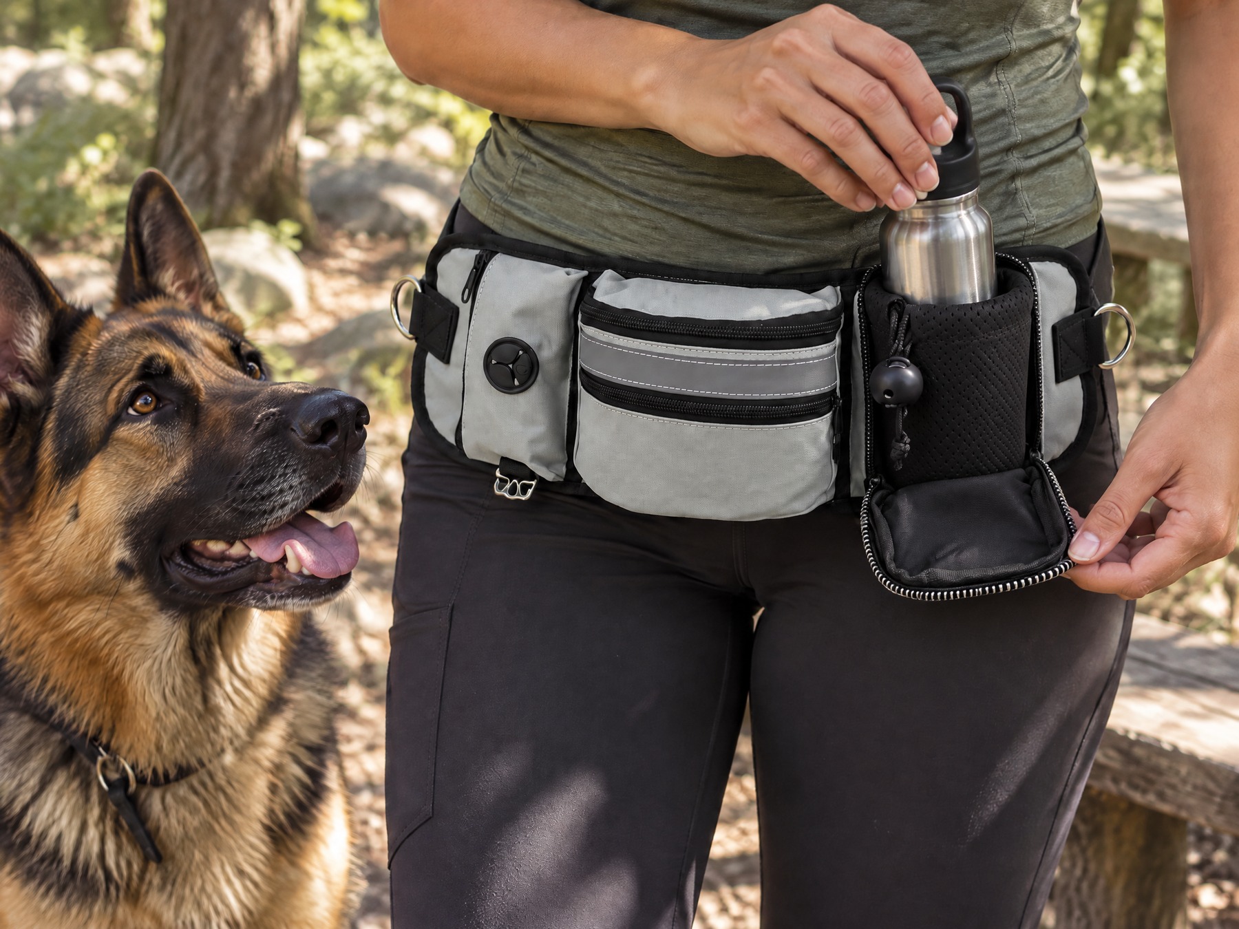 Opened side pocket of a grey waist bag with a mesh sleeve holding a steel bottle, German Shepherd looking up