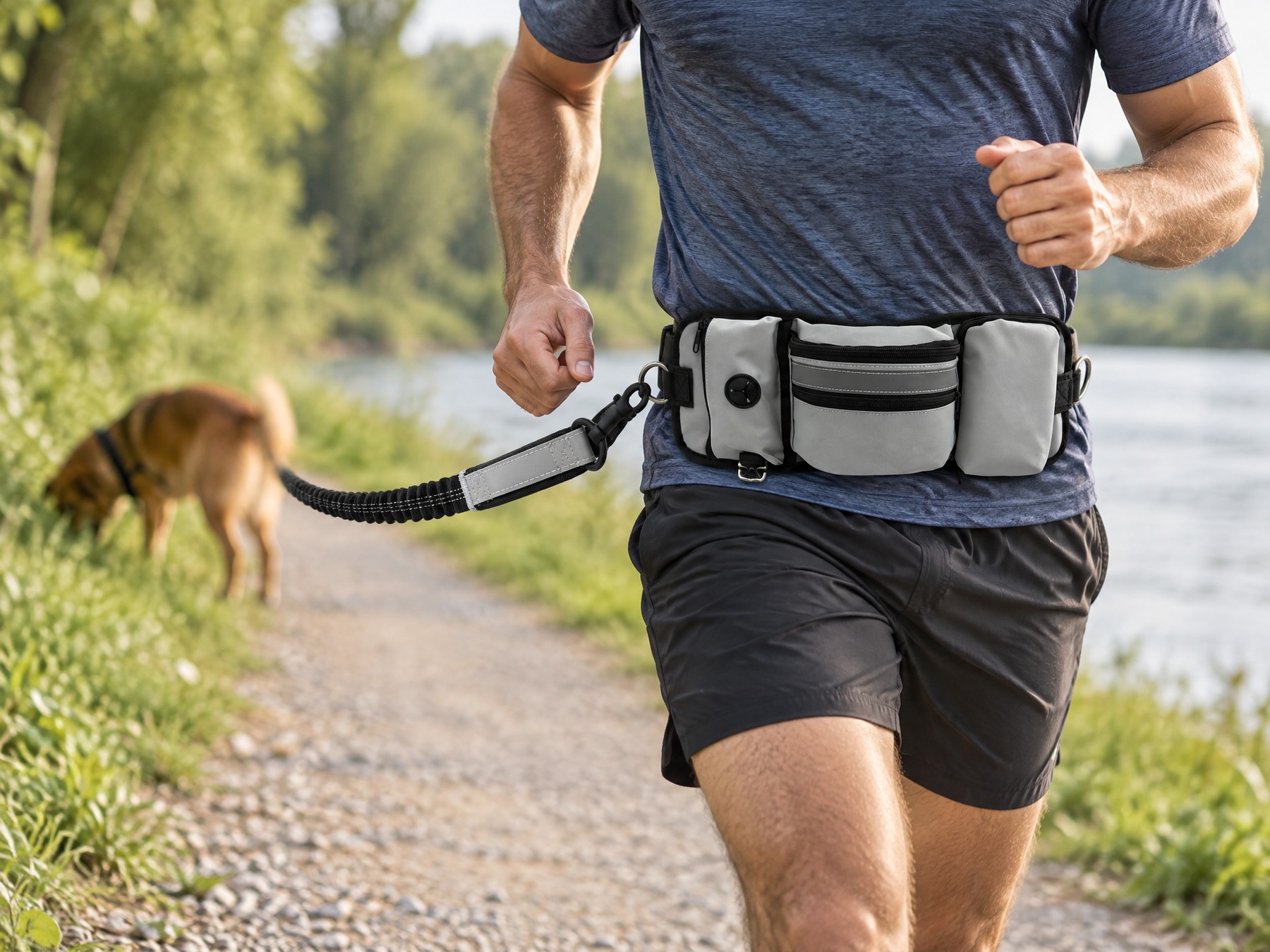 Runner with a grey waist bag, bungee leash stretched back to his dog sniffing the grass on a river path