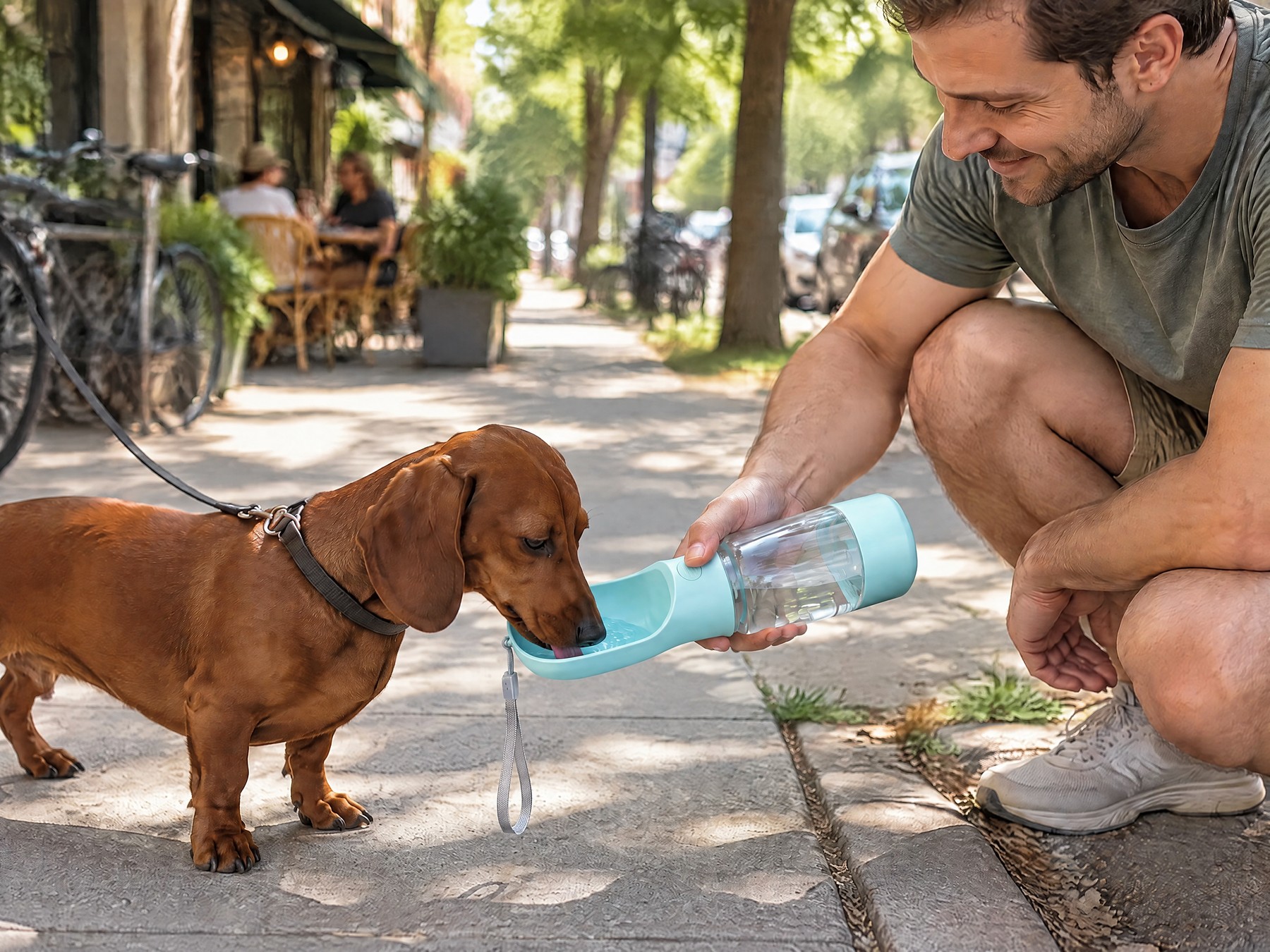 Man crouching on a shady sidewalk while his dachshund drinks from the aqua scoop of the bottle