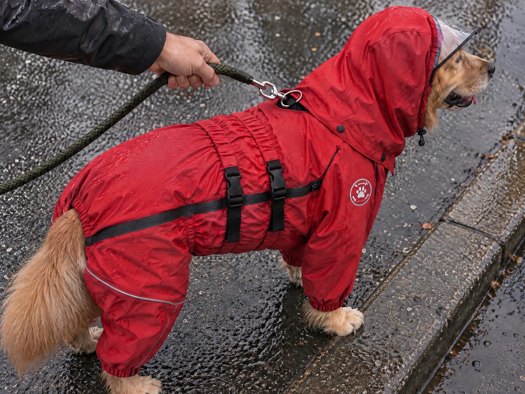 A hand clips a leash to the D-ring of the dog's own harness, which comes up through the opening on the back of the rain suit.