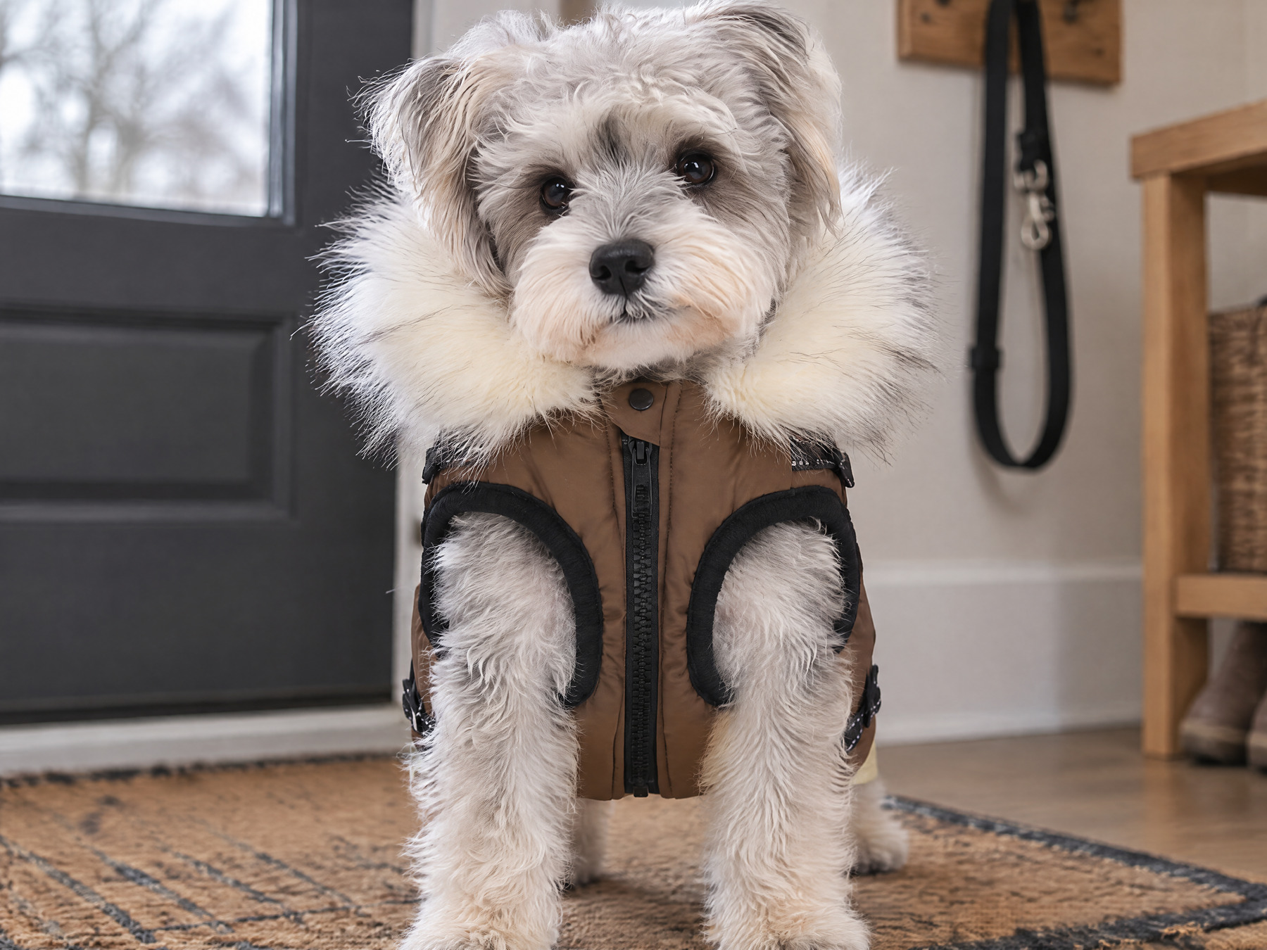 Small dog standing in a home entryway in the brown padded vest, chest zip closed and front legs through the armholes