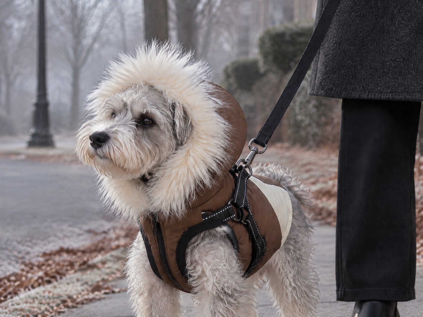 Dog in the brown hooded vest on a cold street corner with the leash clipped to the ring on the back strap
