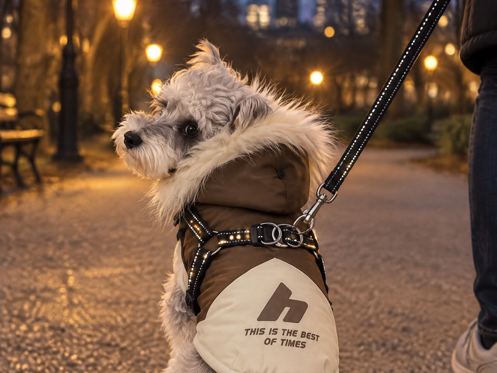 Dog in the brown vest with hood up on a park path at dusk, glancing back, printed cream back panel and D-rings in view