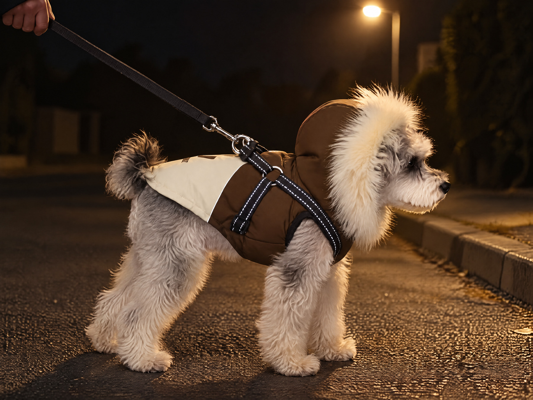 Dog on a leash at a curb under a streetlamp at night, the harness webbing and its reflective dots lit up