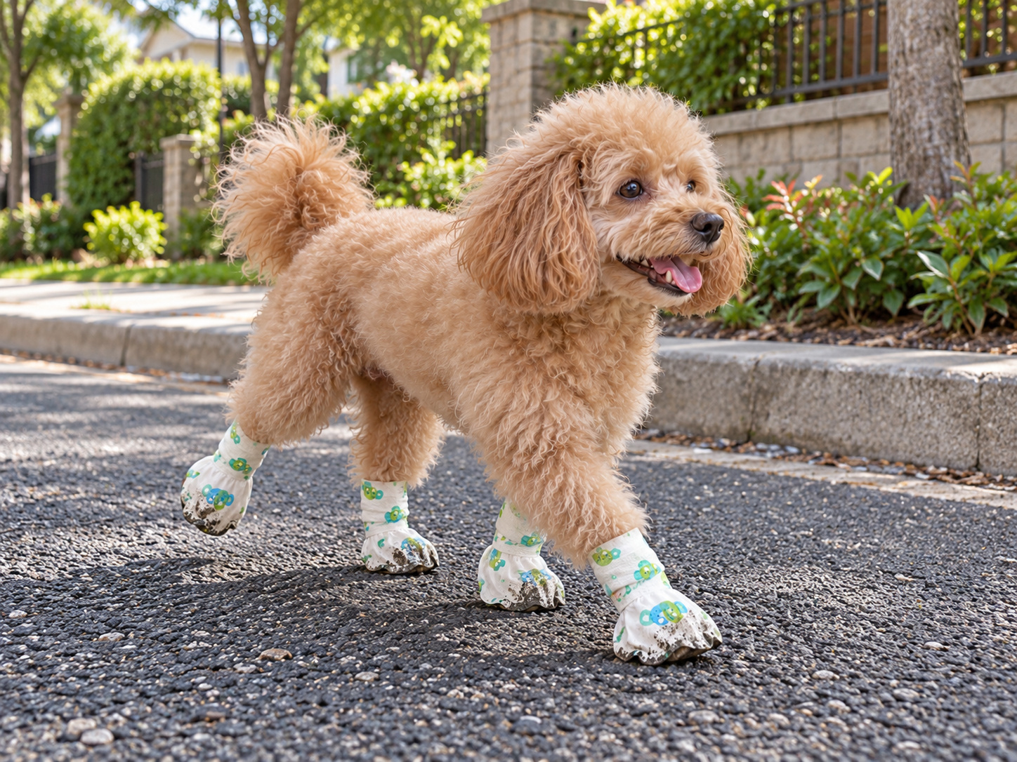A poodle walks on a gritty asphalt path in printed paw covers marked by road dirt.