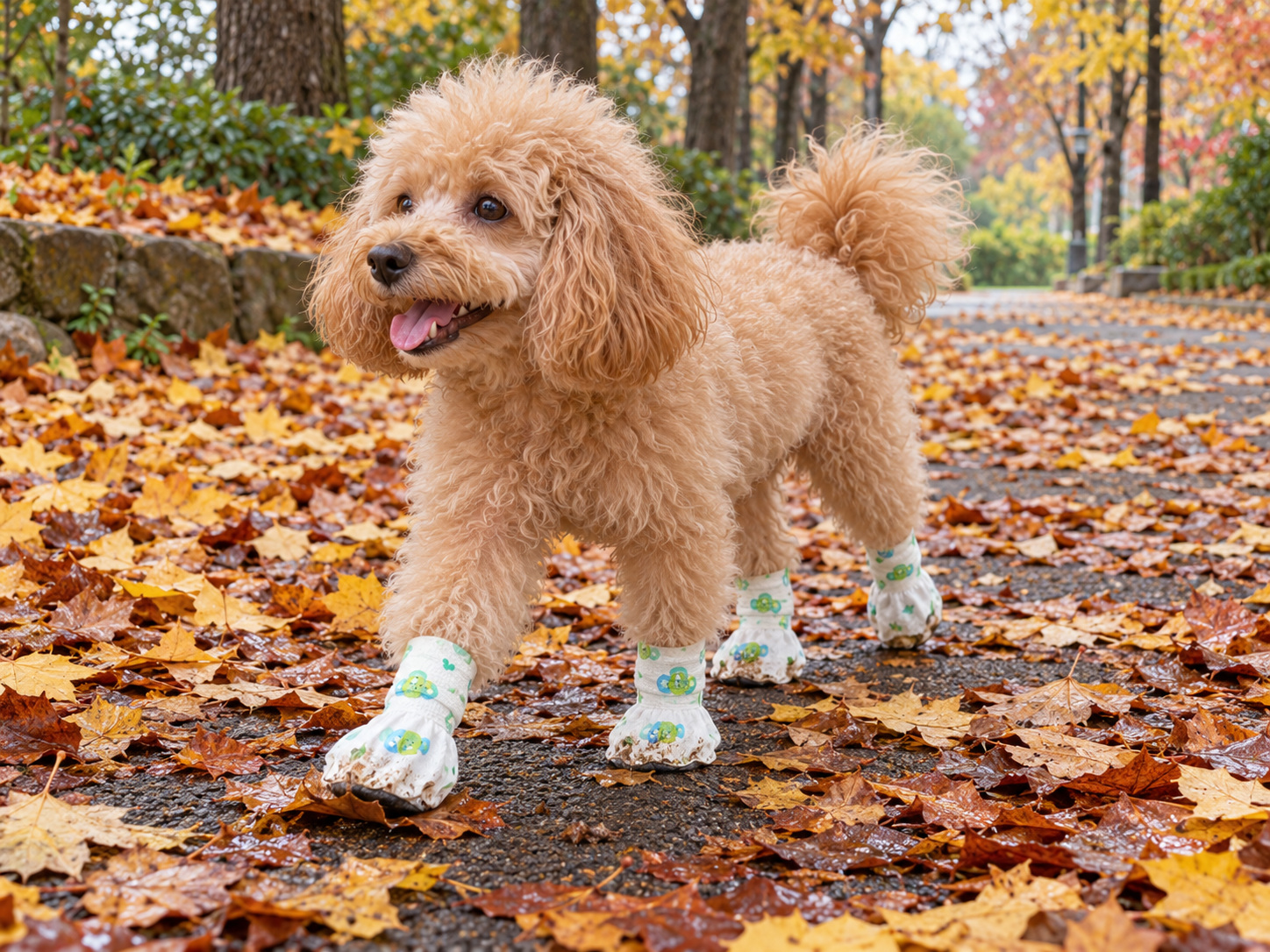 A poodle steps through fallen autumn leaves on an asphalt path, wearing dirt-marked printed paw covers.