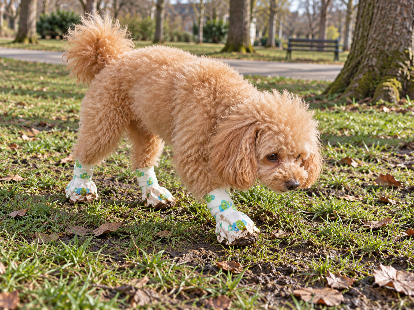 A poodle walks on patchy muddy grass in printed paw covers with soil around the toes.