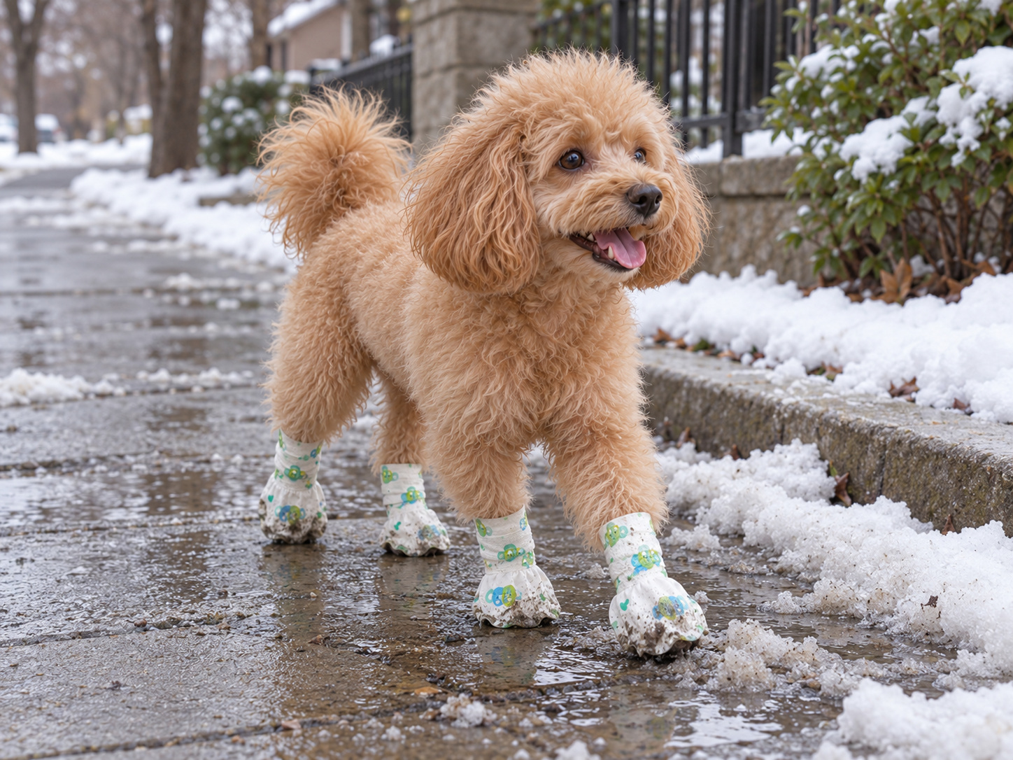 A poodle walks on a wet sidewalk among melting snow, wearing dirt-marked printed paw covers.