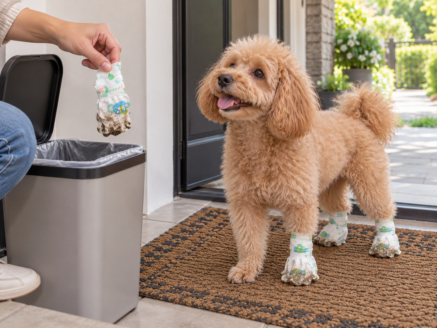 An owner holds one dirty cover above a bin; the poodle has one bare paw and three dirty covers still on.