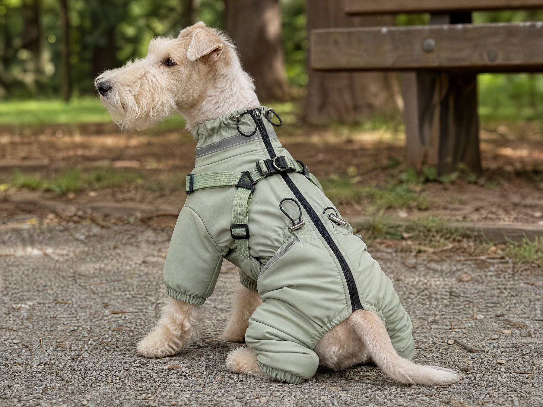 A terrier sits beside a park bench wearing the sage four-leg suit with its paws and tail exposed.